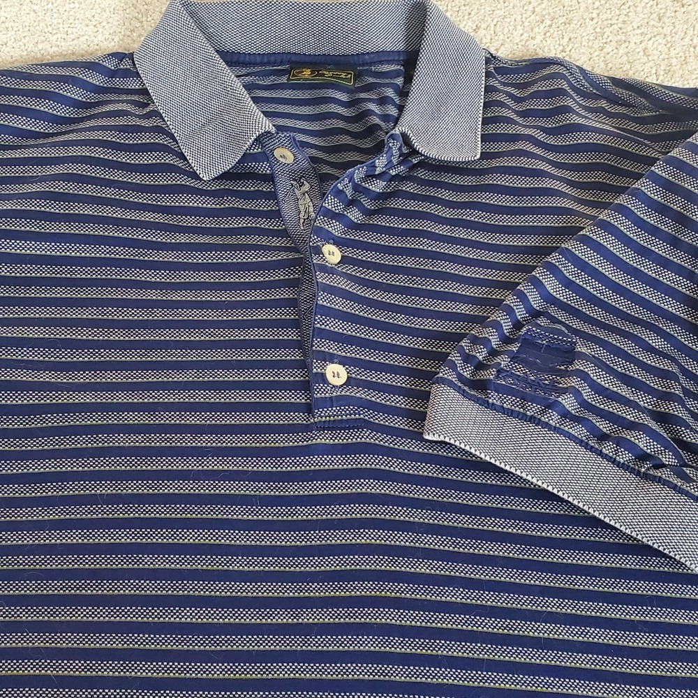 Bobby Jones Men's Polo Golf Shirt SZ L Blue Stripe Lake Forest Logo Short Sleeve